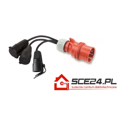 Przejściówka - adapter wtyk 16A/5 400V na 3 x gniazdo gumowe 230V